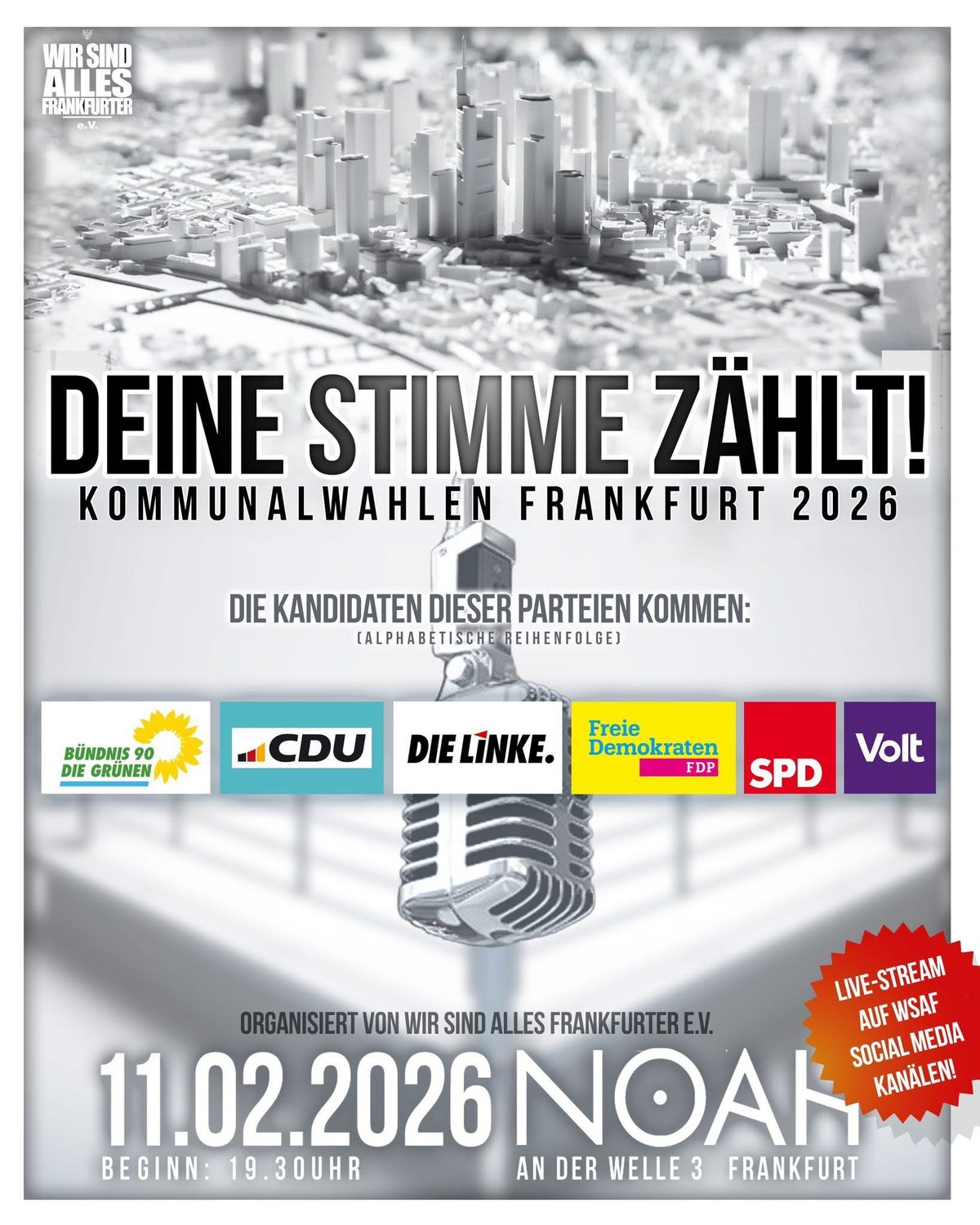 Flyer „Deine Stimme zählt!“ zur Kommunalwahl 2026 am 11. Februar 2026 in der Cafébar Noah