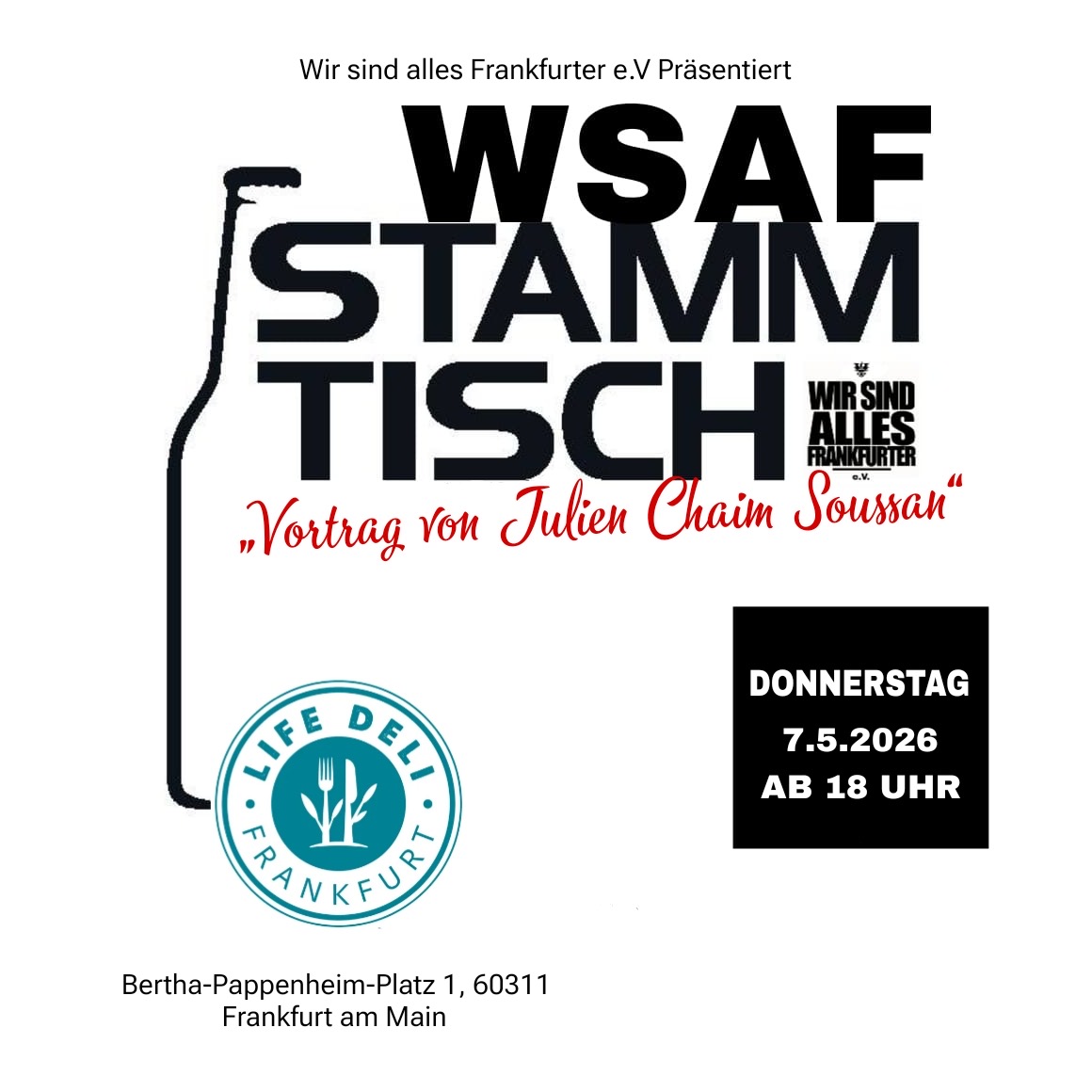 Flyer des WSAF-Stammtischs „Kosher Edition“ am 7. Mai 2026 im Life Deli Frankfurt
